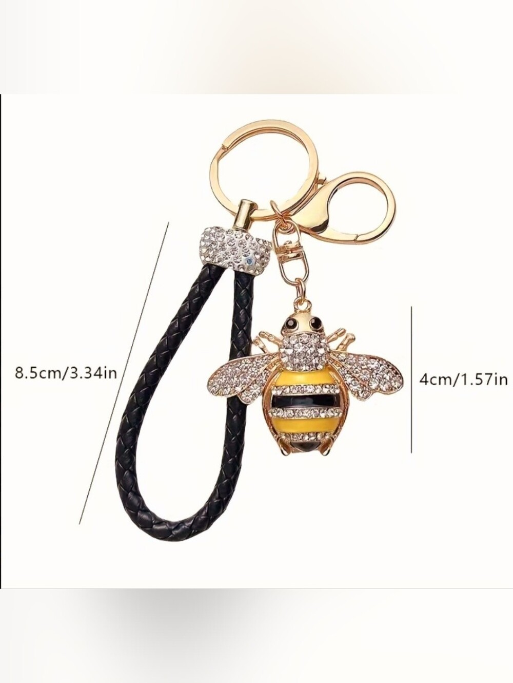Crystal Bee Charm Keychain On Braided Leather Strap - Picture 3 of 3